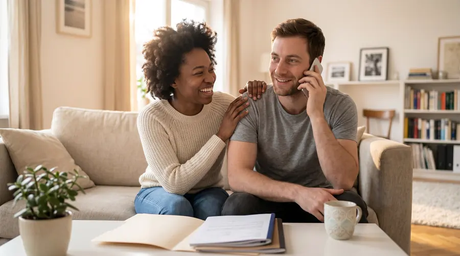 A relaxed homeowner on the phone with a coffee, calm and informed
