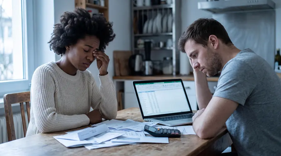 A stressed homebuyer at a kitchen table covered in paperwork