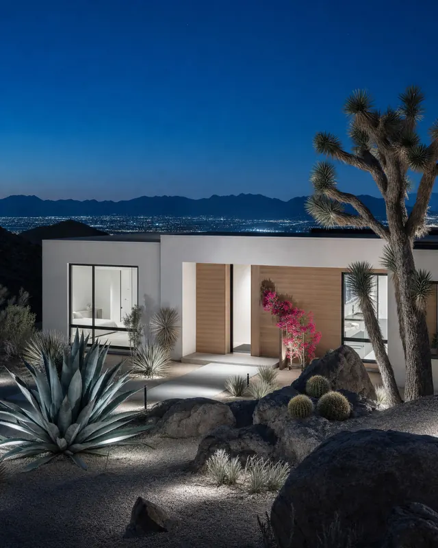 Desert modern home at blue hour with a Joshua tree and the Las Vegas valley lights in the distance