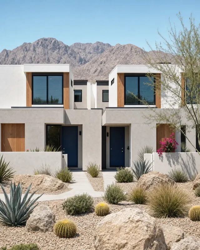 Pair of modern desert townhomes with two navy front doors and desert landscaping