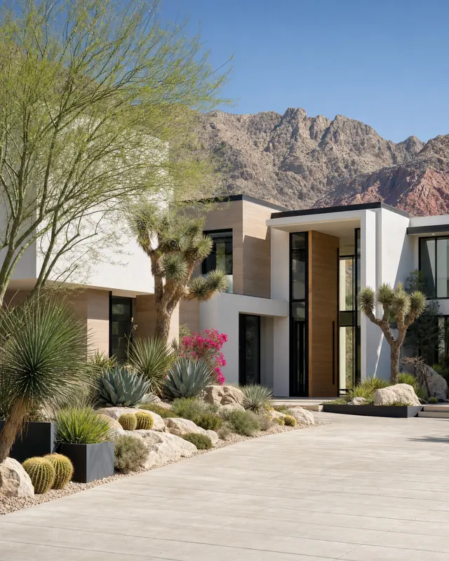 Two-story desert modern home with a wide driveway, palo verde trees and red rock mountains behind