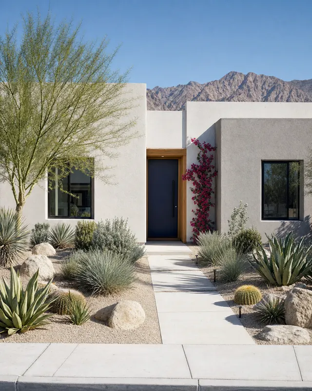 Single-story white stucco home with a navy front door, pink bougainvillea and desert landscaping below the mountains
