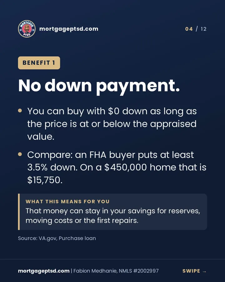 Benefit 1: no down payment, as long as the price is at or below the appraised value