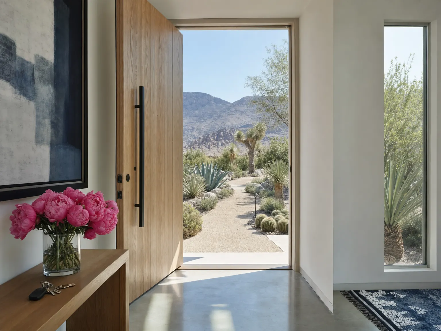 An open oak front door with pink peonies and house keys on the entry table, desert garden and mountains outside